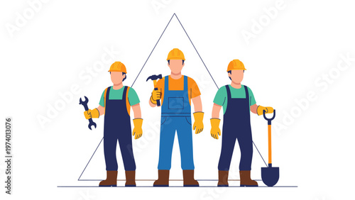 Builders: Three builders stand confidently, each armed with essential tools and wearing protective gear, ready to build and create.