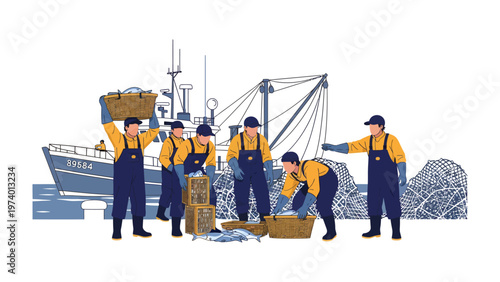 Seafaring Workforce: A dedicated team of fishermen hard at work on a bustling dock, meticulously sorting their bountiful catch with skilled teamwork against the backdrop of a vessel.