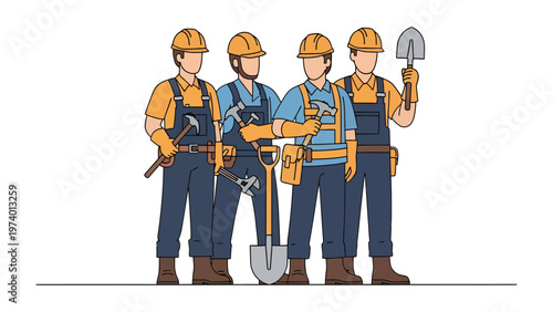 Team of Builders: Group of construction workers standing together, each holding construction tool such as a hammer or shovel,ready to collaborate and execute the project with precision and dedication.