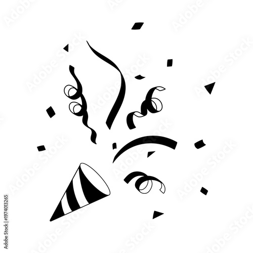 クラッカーのモノクロイラスト　パーティ素材　紙吹雪とリボン　シンプル　カラフル　お祝い