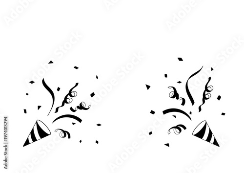 クラッカーと紙吹雪のモノクロ背景イラスト　バナー　パーティ素材　　シンプル　カラフル　お祝い