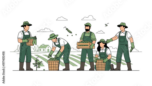 Harvest Harmony: A united group of diligent farmhands diligently harvesting crops on a fertile, cultivated field, embodying the spirit of community and the bounty of the earth.
