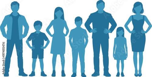 Family silhouettes parents and children standing together isolated modern flat vector