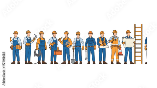 Engineering Ensemble: A dedicated team of construction workers, each embodying diverse expertise, stands united. A testament to skilled craft, this illustration captures their readiness.