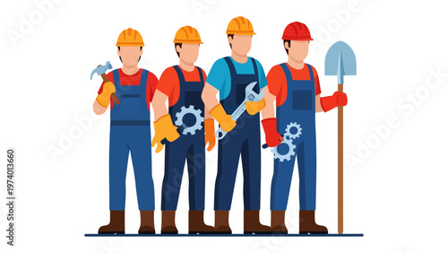Builders' Brigade: A dedicated team of construction workers stands shoulder to shoulder, each holding a different tool, ready to build and create. Their presence symbolizes skill, teamwork.