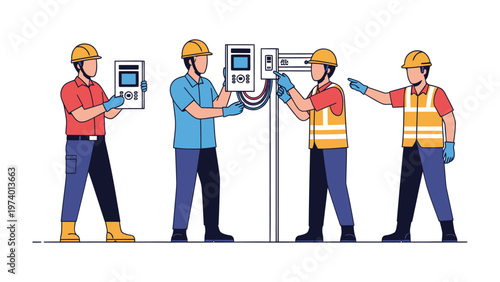 Electrical Team at Work: A team of skilled technicians diligently installs electrical components, working together to ensure a safe and efficient electrical system.