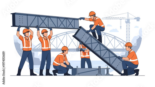 Construction Harmony: An illustration of construction workers harmoniously collaborating to erect a steel structure, embodying the synergy of teamwork and precision. 