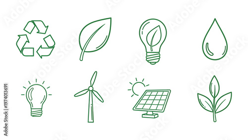 Eco-Friendly Icons: A collection of environmentally conscious icons showcases key elements of sustainability, including recycling, renewable energy, and nature's essence.