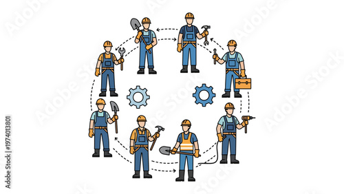 Construction Team Collaboration: A circular illustration of construction workers, each holding a different tool, symbolizing teamwork, coordination.
