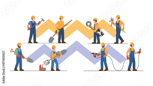 Building Team at Work: A team of construction workers is depicted in a colorful illustration, each figure poised with essential tools, symbolizing industry, skill, and collaboration.