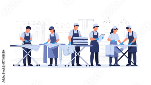 Laundry workers at work: A team of laundry professionals efficiently manage the pressing and folding of clean clothing, showcasing their expertise.