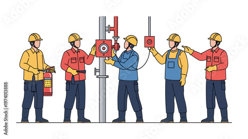 Safety Installation Team: A team of skilled technicians meticulously install and inspect safety equipment, ensuring the utmost protection. Representing industry and collaboration. 