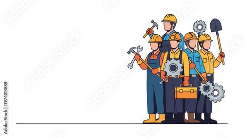 Team of Builders: A group of construction workers, each bearing their essential tools, stand together. Their teamwork symbolizes dedication to building a future.