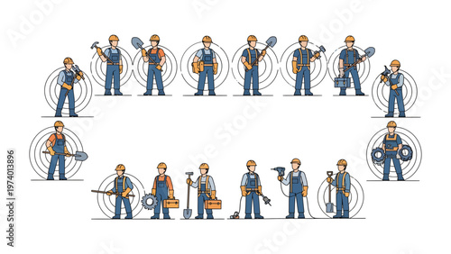 Construction Crew's Circular Formation: A dedicated team of construction workers stands in a circular formation, each holding their essential tools, ready for a day of building and progress.