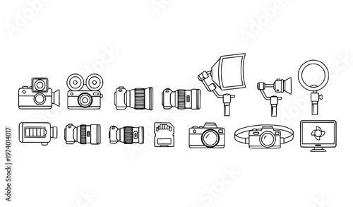 Minimal photography and videography equipment monoline icon set with modern digital media elements
