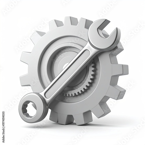 Silver wrench resting on top of a metallic cogwheel gear rendered in 3D style for technical service or maintenance graphics