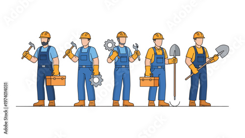 Team of Construction Workers Ready to Build: A team of construction workers is ready for construction and equipped with the necessary tools, embodying hard work and precision.