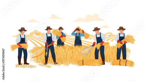 Harvesting Harmony: Farmers in unison gather sheaves of wheat in a golden field, embodying community and the seasonal bounty.