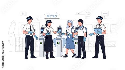 Metro Station: A scene unfolds at a metro station, with transport workers assisting passengers. It showcases a modern transit system.