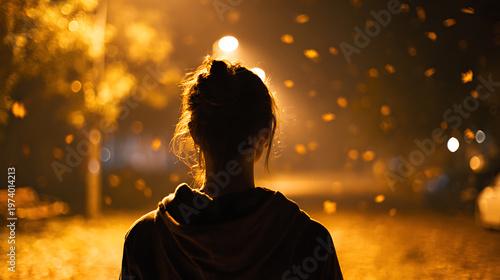 A solitary figure walks alone at night, enveloped in a soft, atmospheric glow and surrounded by light reflections