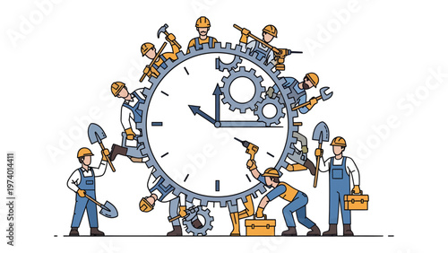 Teamwork of Time: A symbolic illustration depicts a group of construction workers diligently collaborating to construct a clock, symbolizing the intricate interplay of time and labor.