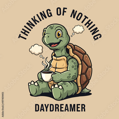 Cheerful cartoon turtle enjoying a warm beverage and daydreaming, a humorous vector illustration.