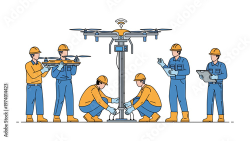 Drone Assembly Team: A dedicated team of engineers meticulously assembling a state-of-the-art drone. The scene captures the precision, focus.
