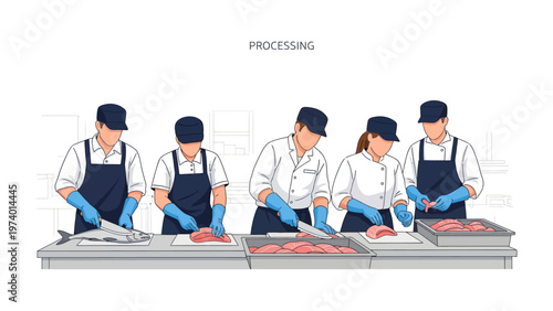 Seafood Processing Illustration: A detailed illustration captures a group of workers meticulously processing fresh seafood in a clean, modern facility.