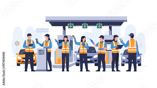 Toll Booth Operators at Work: A team of dedicated toll booth operators efficiently manage a bustling toll plaza, ensuring smooth traffic flow.