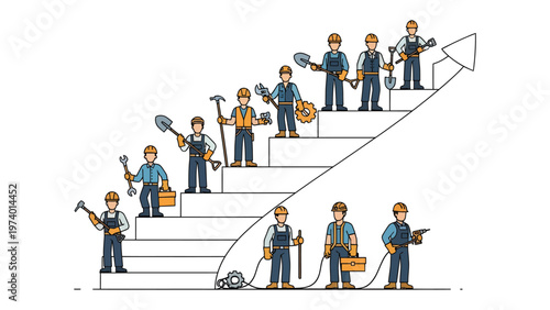 Ascending the Ladder of Industry: A determined team of construction workers symbolizes progress, ascending a staircase towards success with tools in hand, illustrating growth and development.