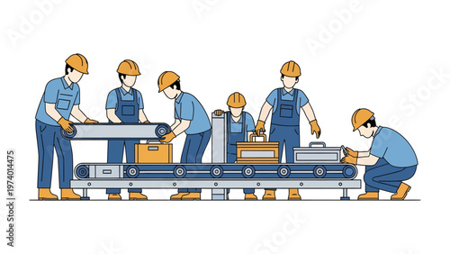 Production Line: A team of workers, clad in safety attire, diligently collaborates on an automated production line, packaging products for distribution.