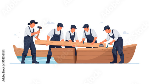 Crafting the Vessel: A skilled team of artisans meticulously constructs a wooden boat. Each member plays a vital role in the creation of the watercraft, working in harmony to bring the design to life.