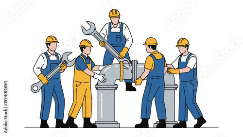 Teamwork and Engineering: A group of skilled engineers and construction workers collaborate on a pipe, symbolizing collaboration, problem-solving.
