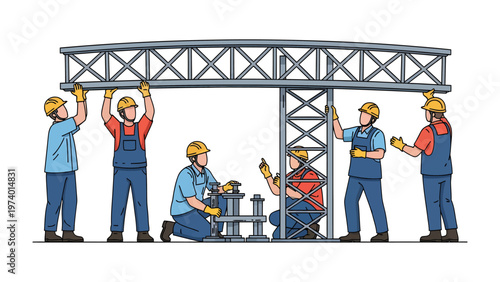 Construction Workers in Action: A team of construction workers is meticulously assembling a metal framework, showcasing teamwork, precision, and dedication in their project.