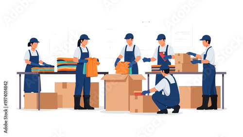 Packing and Logistics Team: A focused team of workers efficiently sorts and packs items into cardboard boxes, symbolizing logistics and moving preparations.