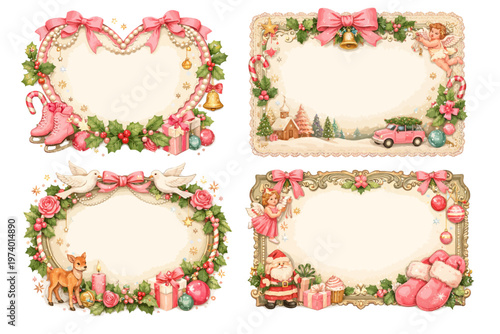 Vintage oval lace frames, frill, scallop, wavy set. Whimsical wedding or valentine decor borders. Hand drawn victorian vector decorative elements