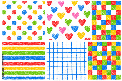 Crayon childish seamless patterns with dots, hearts, stripes, grid, checkered. Hand drawn rough textured vector decoration