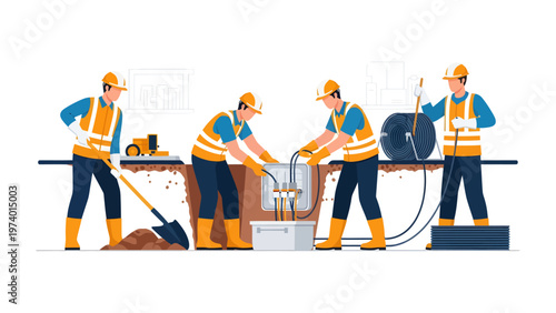 Construction Crew at Work: A team of skilled construction workers, dressed in safety gear, meticulously install infrastructure components in a modern construction scene. 