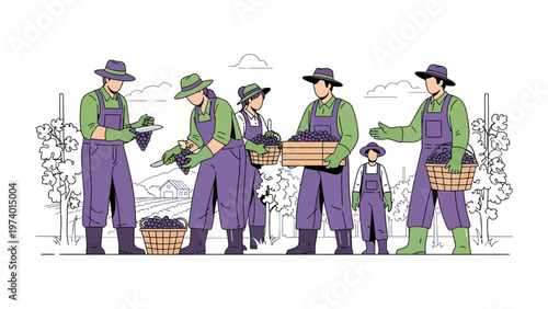 Harvesting the Grape: A community of farmers joyfully working in grape yard. They are preparing to harvest, the illustration has a focus on cooperation and a harvest season.