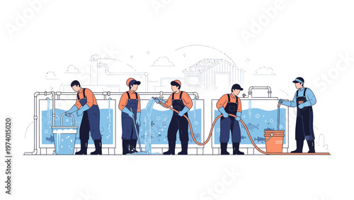Industrial Water Treatment: A depiction of workers meticulously managing the water treatment process within a facility.