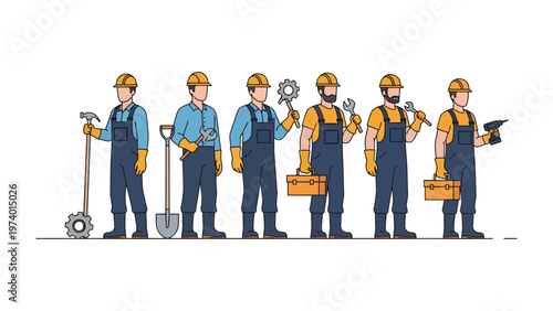 Construction Crew in a Row: A dedicated team of construction workers, each equipped with their specialized tools, stand shoulder to shoulder, ready to tackle any project with expertise and precision.