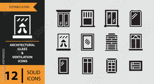 Architectural glass and ventilation icons set in solid black