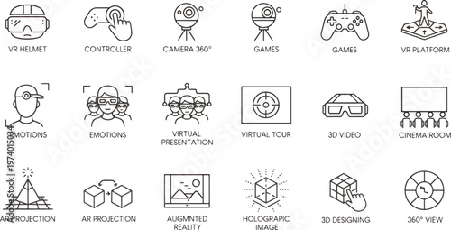 Virtual reality technology icons for gaming and design  augmented reality symbols and 3D graphics concepts