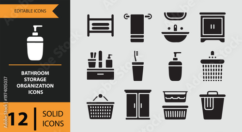 Bathroom storage and organization icons in solid black on gray background
