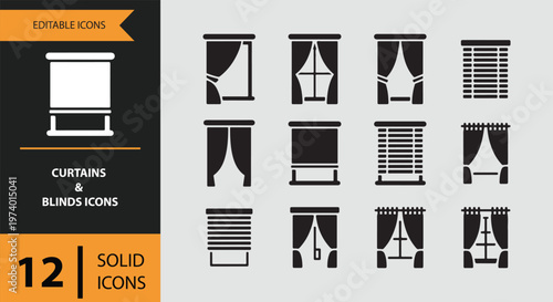 Curtains and blinds icons set with various designs and styles