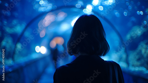 A silhouette of a person admiring an aquatic tunnel. The shot features a person in silhouette, immersed in a blue environment