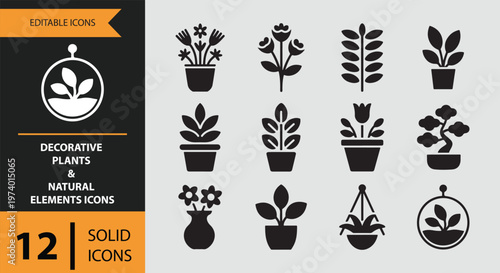 Collection of decorative plants and natural elements icons in solid black
