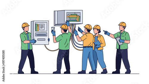 Electrical Panel Installers: Illustrative portrayal of electrical panel installers, meticulously working on a panel to ensure the safety and functionality of electrical systems.