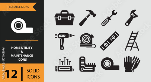 Collection of home utility and maintenance icons in solid black