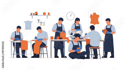 Artisan Atelier: A collective of dedicated artisans, clad in aprons, meticulously work on a diverse array of leather crafts, creating items with precision and detail. 